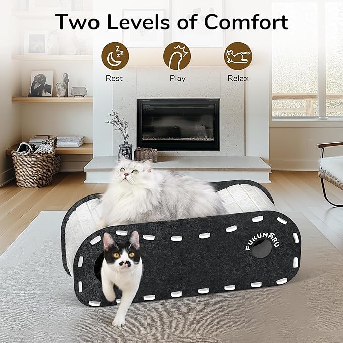 FUKUMARU Cat Beds for Indoor Pets, 31.5 Inches Extra-Large Cat Cave for Multi-Pet, Cozy House with Fluffy Ball Hanging, Scratch Resistant Felt Kitten Hideaway Bed, Feline Tunnel, Grey