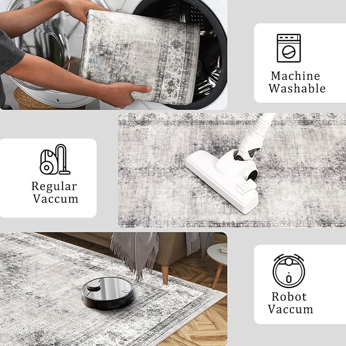 GarveeHome Bedroom Area Rug 5x7 Vintage Distressed Living Room Area Rug Non Slip Low Pile Large Dining Room Rug Soft Oriental Throw Carpet Machine Washable Rugs for Home Office Entryway, Beige