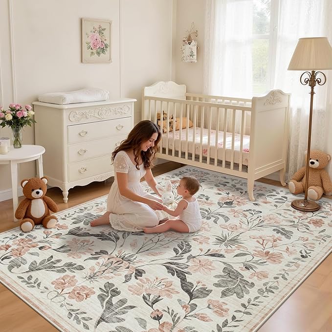 5x7 Area Rugs Washable Rug: Lagre Boho Living Room Rug Soft Non-Slip Thin Carpet Indoor Floor Non-Shedding Neutral Floral Carpets for Bedroom Dining Room Farmhouse Nursery Pink