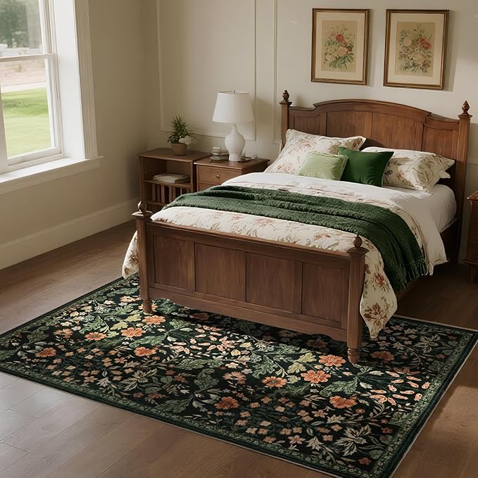 Floral Area Rug for Living Room: 5x7 Washable Soft Low Pile Thin Indoor Carpet, Non Slip Stain Resistant Vintage Flower Boho Accent Rugs for Bedroom, Dining, Home Office, Nursery - Black