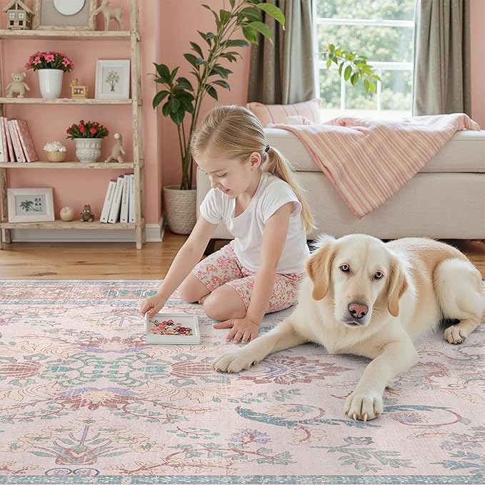 DCX Pink Floral 2x3 Entryway Rug, Machine Washable Soft Non Slip Vintage Floral Rug for Kitchen, Bedroom, Laundry, Bathroom