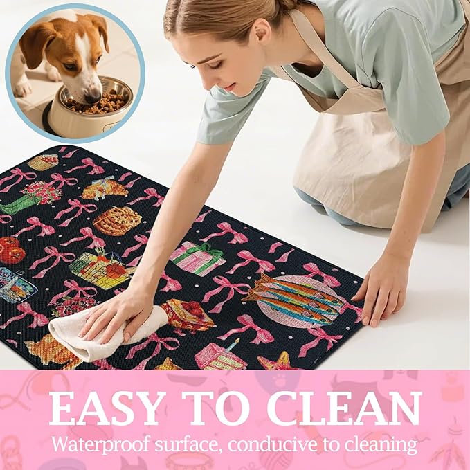 SHIYUE Dog Food Mats for Floors, Absorbent Cat Bowl for Food and Water, Non-Slip Accessories Pet Supplies(16"x24",Black Bow Food)