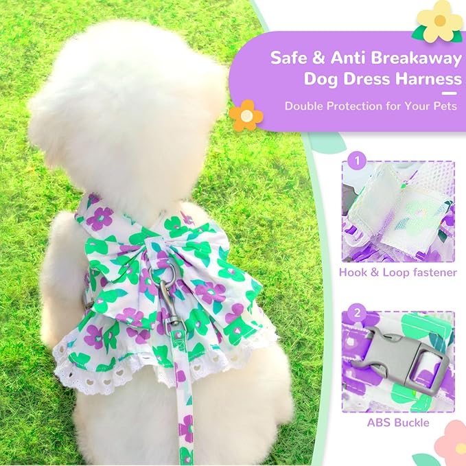 Dog Harness Dress Leash Set for Small Dog Summer Clothes Girl Female Puppy Cats Outfits Cute Floral Bowknot Princess Birthday Dress for Extra Small Pet Doggie Kitten Outfits Apparel(Green,S)