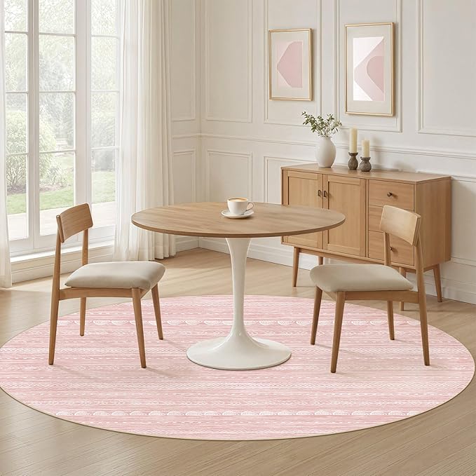 Nakagishi Round Rug Kitchen Washable Rugs: 8x8 Non-Slip Boho Soft Modern Stain Resistant Indoor Floor Neutral Farmhouse Throw Carpet for Hallway Bathroom Laundry Room Entryway Bedroom- Pink