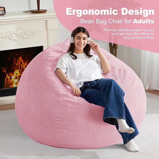 Homguava 5FT Bean Bag Chair for Adults,Teardrop Giant Bean Bags Big Beanbag Chair with Memory Foam Filled and Ultra Soft Removable Corduroy Cover for Living Room, Bedroom (Light Pink)