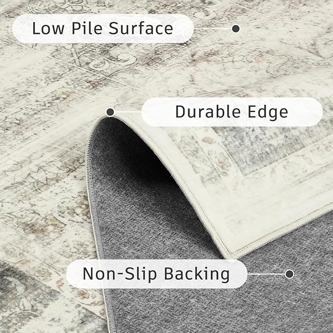 DCX 4x6 Beige Rug, Machine Washable Stain Resistant Distressed Vintage Rug, Kid & Pet Friendly with Rubber Back Non Slip Soft Low Pile Large Carpet for Living Room, Bedroom, Home Office