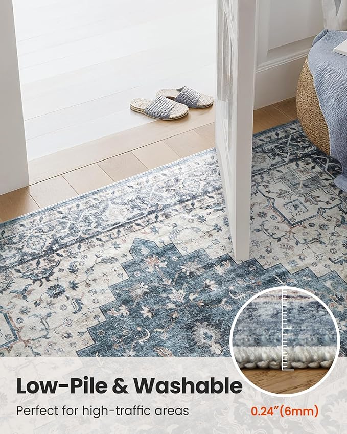 AMADA HOMEFURNISHING 2.6x10 Washable Area Rug, Low-Profile Entryway Rug with Non-Slip Backing & Durable Edge Binding, Vintage Rug Pattern, Small Rugs for Entryway, Kitchen & Living Room