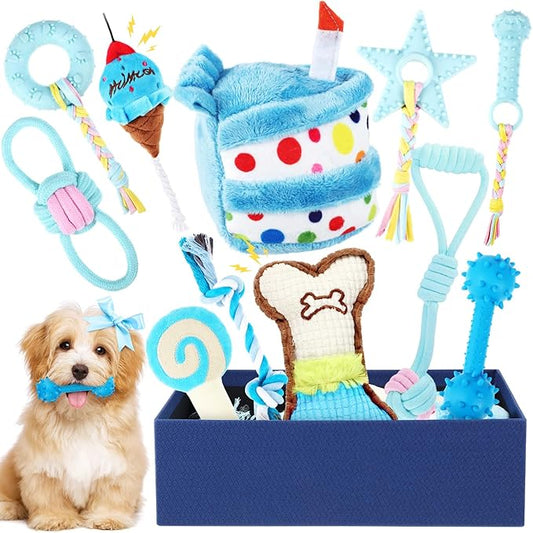 11 Pcs Dog Birthday Toy Gift for Dog Birthday Cake Puppy Girl Boy Squeak Toys Interactive Puppy Gift with Box for Small Medium Size(Classic,Blue)