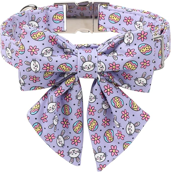 Maca Bates Easter Day Egg Dog Collar with Sailor Bow Tie for Extra Large Girl Boy Dogs, Purple Cute Bunny Rabbit Pattern,Adjustable Durable Soft Breakaway Collars for Male Female Puppy