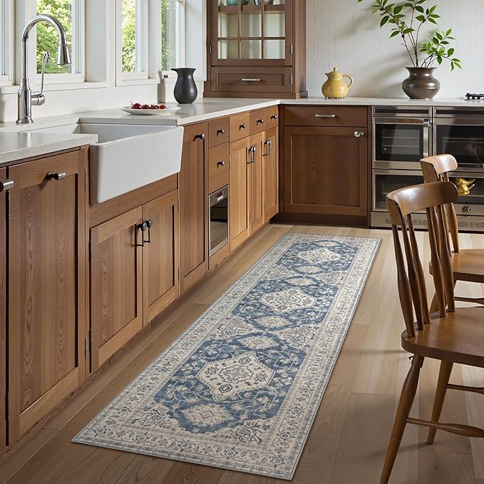 Lahome Oriental Hallway Runner Rug Non Slip, 2x8 Washable Runners for Hallways Kitchen, Vintage Non Skid Soft Long Carpet for Bedroom Bathroom Entryway, Blue