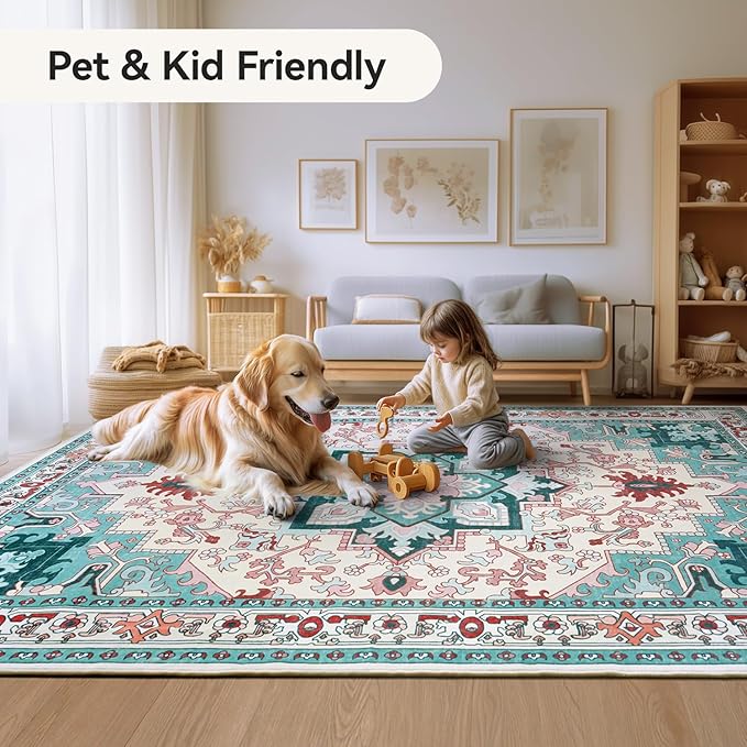 5x7 Area Rugs, Vintage Washable Area Rug for Living Room, Floral Boho Area Rugs for Bedroom, Office, Non-Slip Colorful Rug, Traditional Vintage Style, Plush Low-Pile Soft Carpet, Light Blue