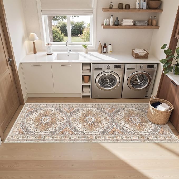 2x8 Runner Rug Washable Hallway Runner Rug Ultra-Thin Soft Kitchen Rug Non Slip Indoor Floor Foldable Carpet with Low Pile for Bathroom Laundry Room Living Room Entryway(Turmeric/Grey,2'x8')