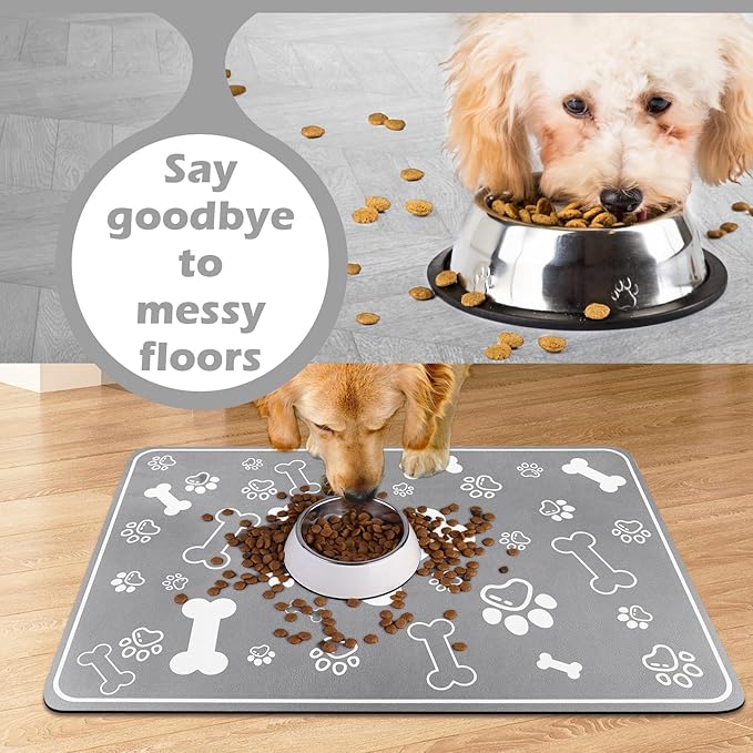 Pet Feeding Mat,Rapid Absorbent Mats for Dog Cat Food, Dog Placemat Water Bowl Mat with Rubber Backing,Messy Drinkers to Protect Floors, Pet Accessories 17"×29" Grey