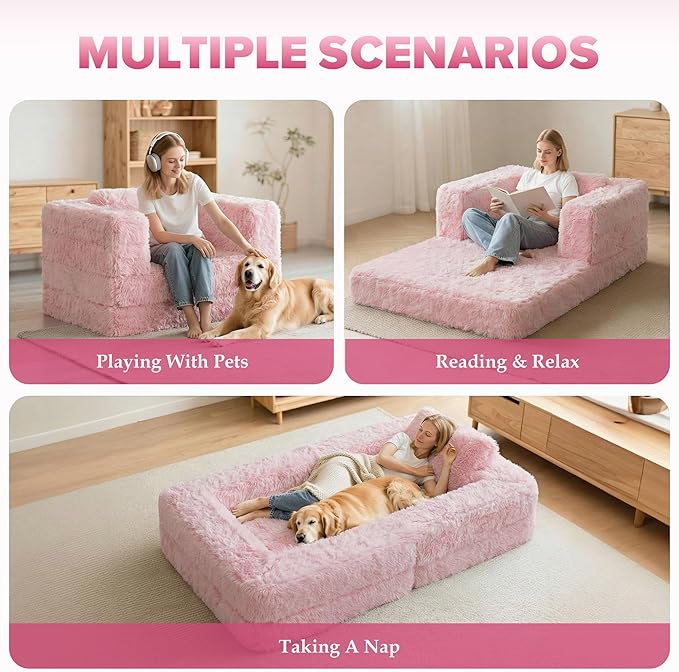 HABUTWAY Convertible Sofa Bed,3-in-1 Folding Futon Sofa Bed with Pillow, Foldable Sleeper Sofa Bed with Removable Cover,Plush Boneless Floor Chair Couch Lounge for Living Room,(Twin,Pink)