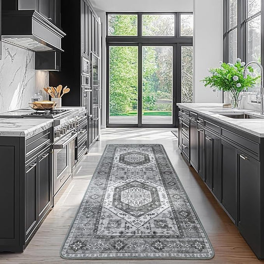 LBRO2M Boho Washable Runner Rug 2'6“X8’ Washable Hallway Runner Rugs Dark Gray Non Slip Low Piles Rugs, Soft, Area Rug Runners for Hallways, Bedroom, Kitchen Laundry Room (2'6"X8', Deep Gray)