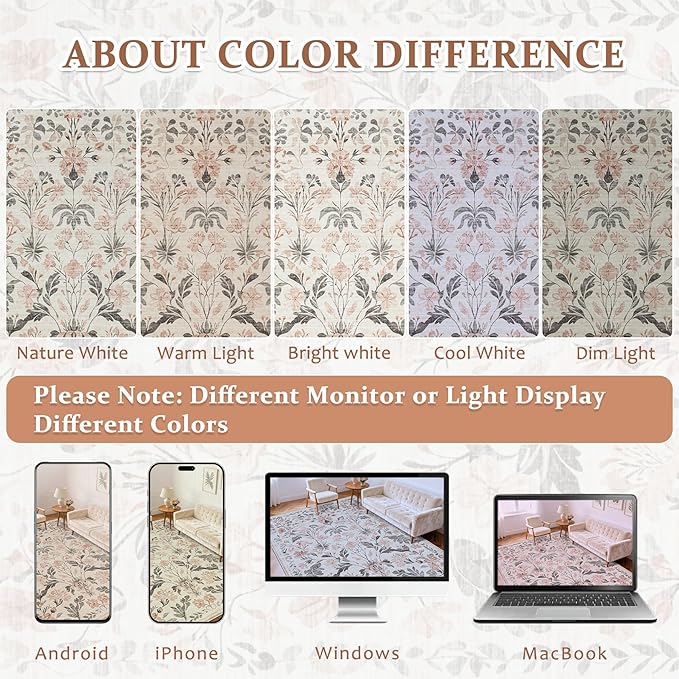 5x7 Area Rugs Washable Rug: Lagre Boho Living Room Rug Soft Non-Slip Thin Carpet Indoor Floor Non-Shedding Neutral Floral Carpets for Bedroom Dining Room Farmhouse Nursery Pink