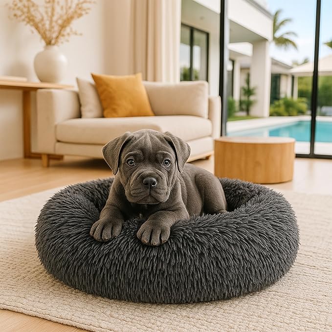 Calming Dog Bed - Fluffy Donut Cuddler for Anxiety Relief, Orthopedic Pet Bed with Non-Slip Bottom, Cozy Round Faux Fur Nest for Dogs and Cats, Plush Crate Mat for Comfort (Dark Grey, Medium)