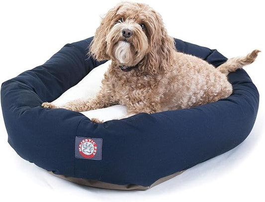 Majestic Pet 32 Inch Poly-Cotton Sherpa Calming Dog Bed Washable 32x18x8 (inch) – Cozy Soft Round Donut Dog Bed with Spine for Head Support - Pet Bed Medium - Blue