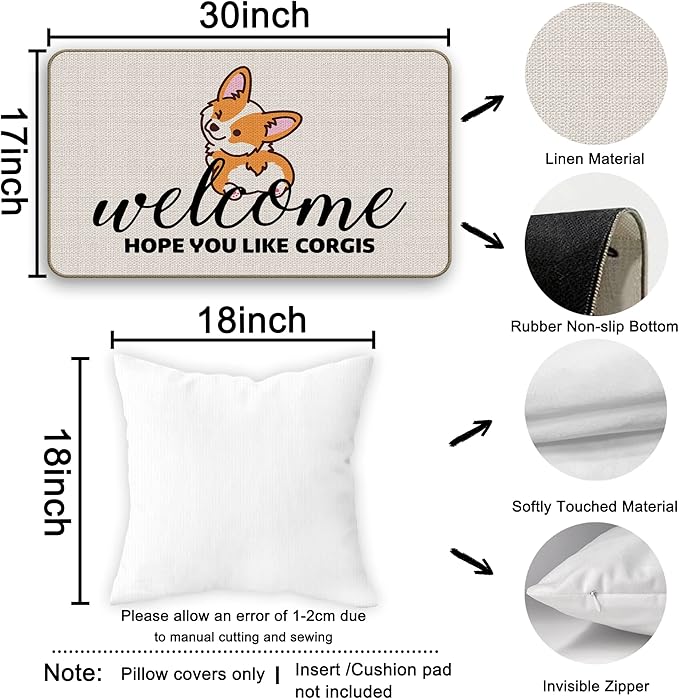 Hope You Like Corgis Welcome Door Mat Doormat 17”x30”,It's Not Dog Hair It's Corgi Glitter Reversible Throw Pillow Cover 18”x18”,Set of 1 Pillow Cover 1 Doormat Decor for Home Girls Kids Room