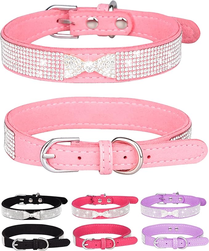Dog Collar for Small Dogs, Adjustable Leather Suede Bling Dog Collars，Pink Dog Collar Cat Collar, Rhinestone Dog Collar (XS, pink4)