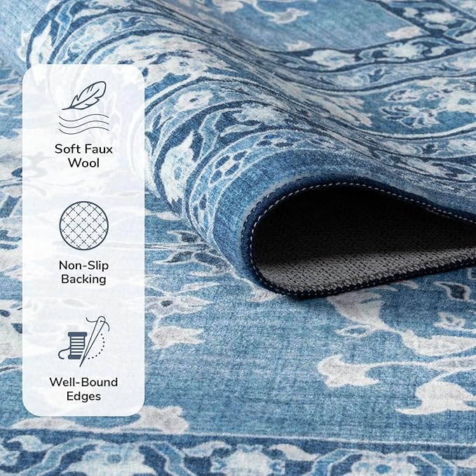 Lessymo 8x10 Area Rugs for Living Room, Machine Washable Non Slip Large Rug, Soft Low Pile Carpet for Bedroom Dining Office, Vintage Blue/White Distressed Floral Floor Decor