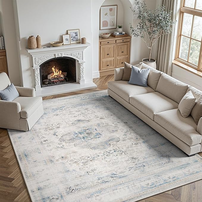 DCX 9x12 Haze Blue Rug, Machine Washable Stain Resistant Distressed Vintage Rug, Kid & Pet Friendly with Rubber Back Non Slip Soft Low Pile Large Carpet for Living Room, Bedroom, Home Office