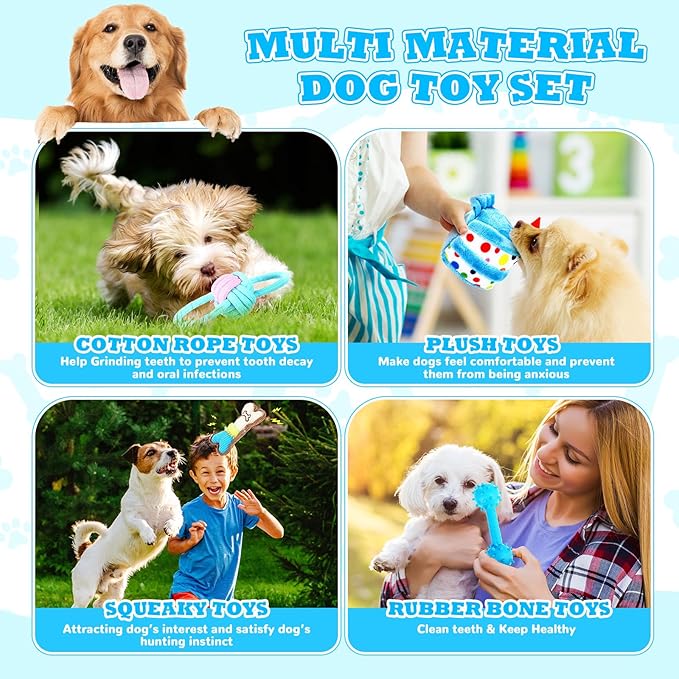 11 Pcs Dog Birthday Toy Gift for Dog Birthday Cake Puppy Girl Boy Squeak Toys Interactive Puppy Gift with Box for Small Medium Size(Classic,Blue)