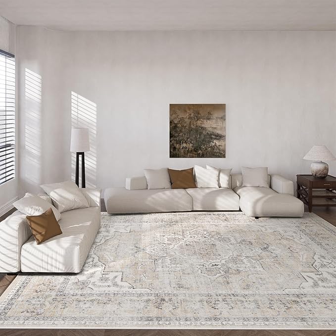 Area Rugs 10x12 Living Room: Washable Rugs for Bedroom Stain Resistant Non Slip Distressed Vintage Large Boho Rug Low Pile Faux Wool Soft Carpets for Living Room Dining Room Farmhouse Playroom