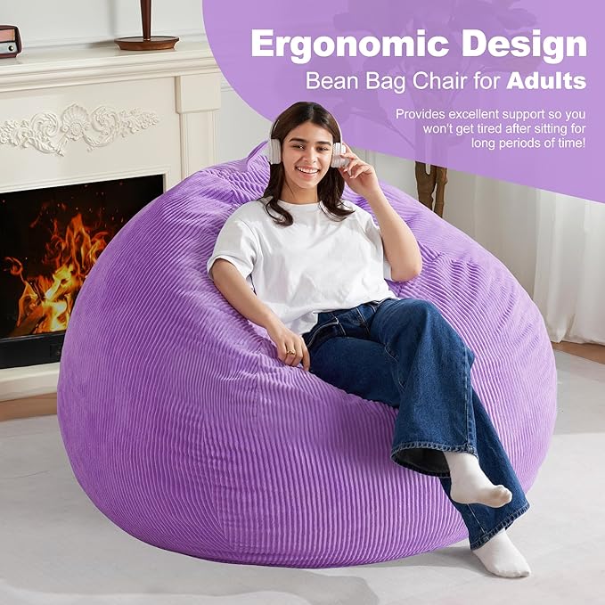 Homguava 5FT Bean Bag Chair for Adults,Teardrop Giant Bean Bags Big Beanbag Chair with Memory Foam Filled and Ultra Soft Removable Corduroy Cover for Living Room, Bedroom (Purple)