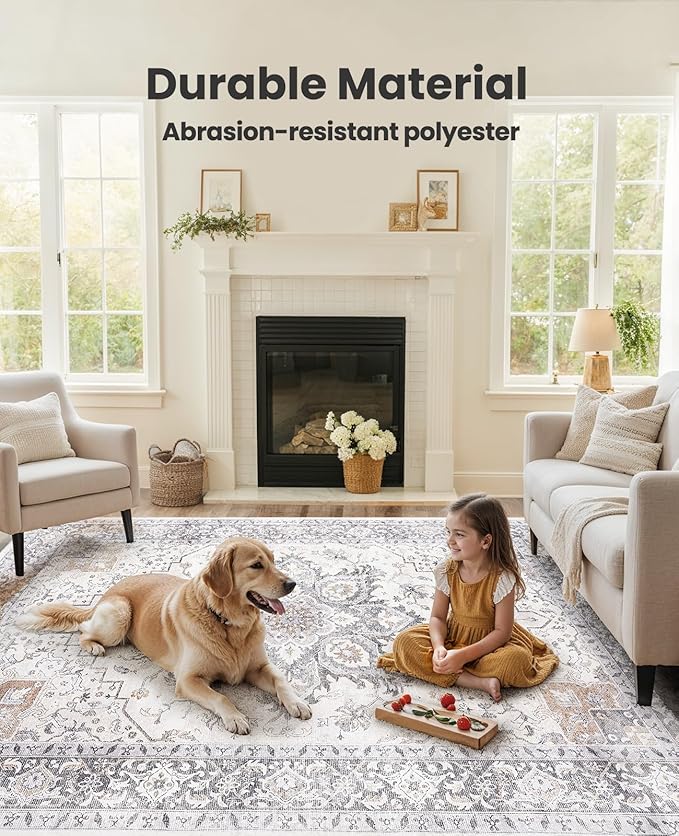 AMADA HOMEFURNISHING 5x7 Area Rugs, Washable Living Room Rug Low-Profile with Non-Slip Backing & Durable Edge Binding, Vintage 5x7 Rugs for Living Room, Bedroom, Dinning Room