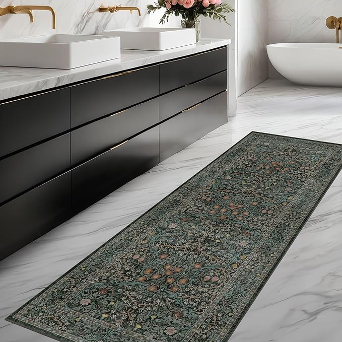 Non Slip 2x6 Kitchen Runner Rug Washable, Rubber Backed Hallway Runner Rugs, Boho Vintage Floral Botanical Dark Green Non Skid Carpet for Entryway, Bathroom, Hall Way Mats for Floor