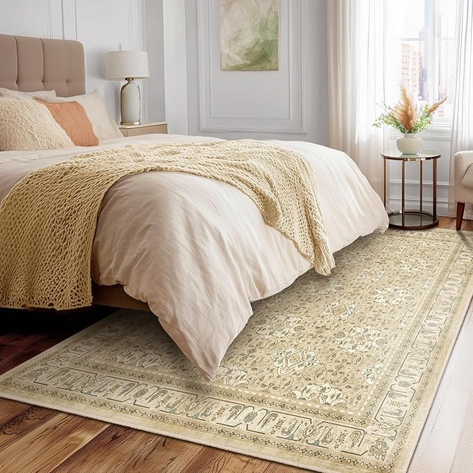 Warm Beige 5x8 Area Rug, Non Slip Washable Rugs for Living Room Bedroom Low Pile Thin Soft, Boho Neutral Floral Moroccan Pattern Printed Carpet Rug for Dining Room Home Office Nursery Playroom