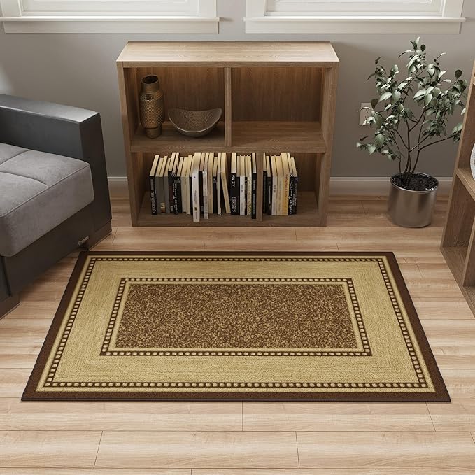 Ottomanson 3'3" x 5' Rugs for Living Room Border Area Rug for Bedroom - Non Slip Durable Large Floor Carpet for High Traffic Areas - Indoor Rug for Dining Room Kitchen Kids Playroom, Brown