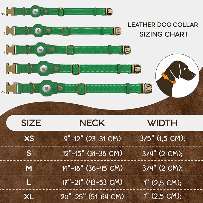 Reflective Leather Dog Collar with AirTag Holder - Soft Apple Airtag Dog Collar with Metal Buckle - Safety Cotton Pet Collars for Dogs Small Large Dogs Puppy (Green, L, 17"-21")