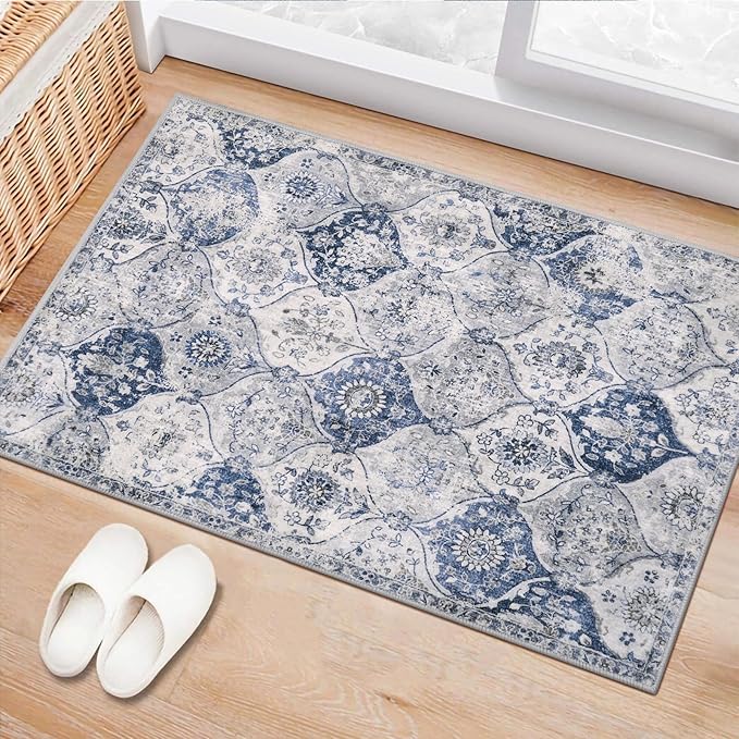 Lahome Moroccan Trellis Washable Rug, 2x3 Kitchen Rugs for Entryway Bathroom, Non-Slip Indoor Door Mat Ultra-Thin, Small Oriental Throw Carpet for Bedroom Entry, White/Royal Blue