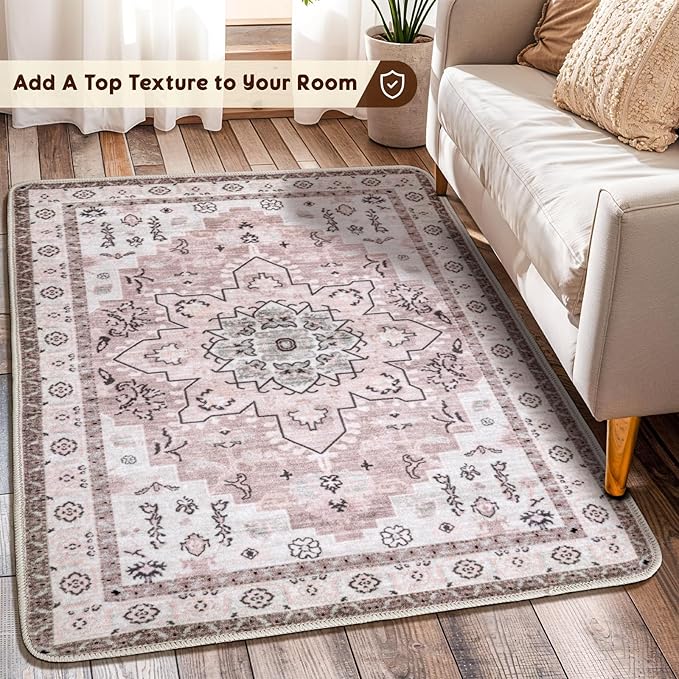LBRO2M Boho Rug for Entryway Indoor Washable Rugs 3X5 Front Door Carpet Pink Non Slip Throw Rug, Small Rug for Bathroom Kitchen Rugs Pet Friendly Area Rugs Low Piles (3'X5' Light Pink)