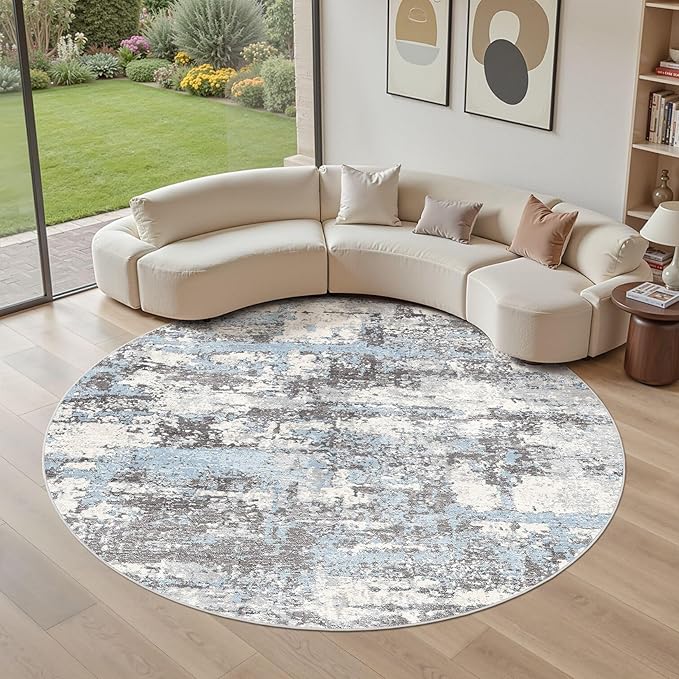 8ft Round Area Rugs for Living Room: 8x8 Abstract Washable Rug Modern Large Soft Stain Resistant Non-Slip Backing Machine Table for Bedroom Dining Room Indoor Home Office Carpet - Blue Grey