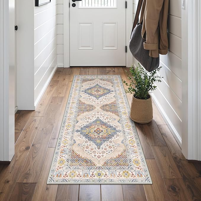 GENIMO Runner Rug 2x5 Non Slip Machine Washable Hallway Runner Rug, Low Pile Lightweight Rugs for Entryway, Hallway, Kitchen and Corridor, Vintage Cream/Blue