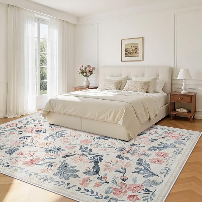 6x9 Area Rugs Washable Rug: Lagre Boho Living Room Rug Soft Non-Slip Thin Carpet Indoor Floor Non-Shedding Neutral Floral Carpets for Bedroom Dining Room Farmhouse Nursery Multi