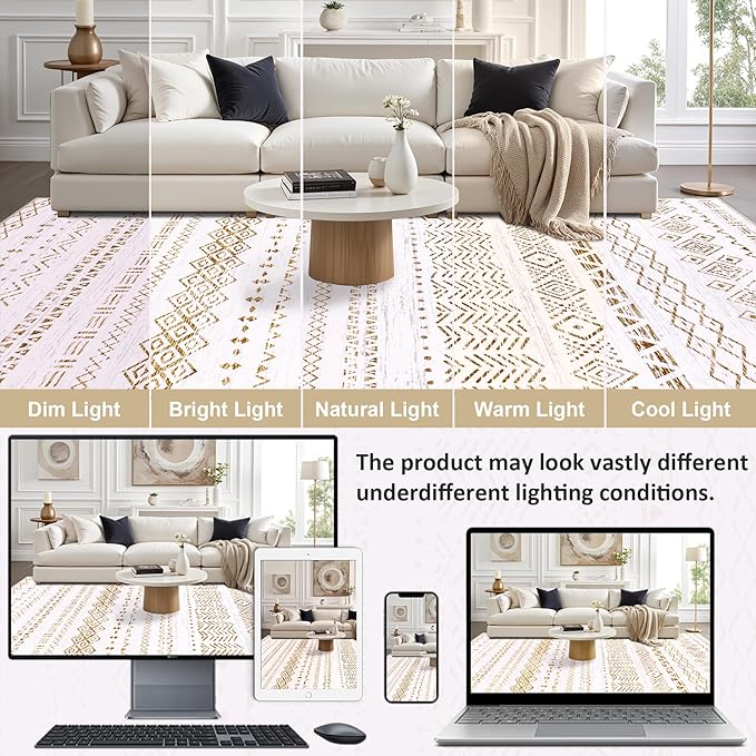 9x12 Area Rugs Living Room Rug: Washable Rug Neutral Lagre Soft Thin Carpet Indoor Floor Non Slip Boho Geometric Moroccan Carpets for Bedroom Dining Room Farmhouse Nursery Office - Brown