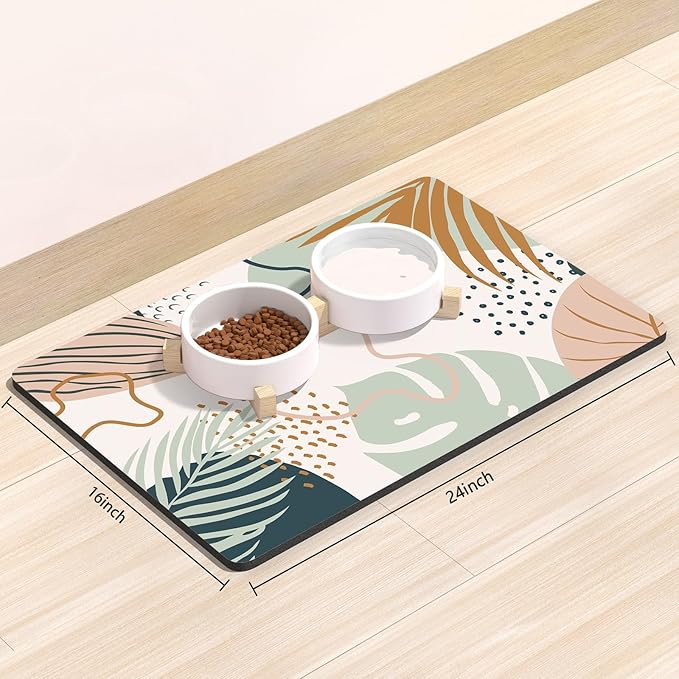 Rnivvi Dog Food Mat, 16" x 24" Boho Absorbent Dog Cat Bowl Mat for Food and Water, Cute Anti-Slip Rubber Pet Feeding Rug Protect Floors, Puppy Placemat for Feeding & Watering Supplies, Tropical Leaves