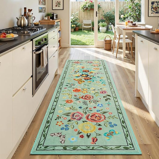 Rugflix 2x6 Runner Rug for Hallway, Washable Kitchen Runner Non Slip, Soft Low Pile Entryway Carpet, Vintage Floral Stain Resistant Long Laundry Room Rugs for Bedroom, Stairs, Green