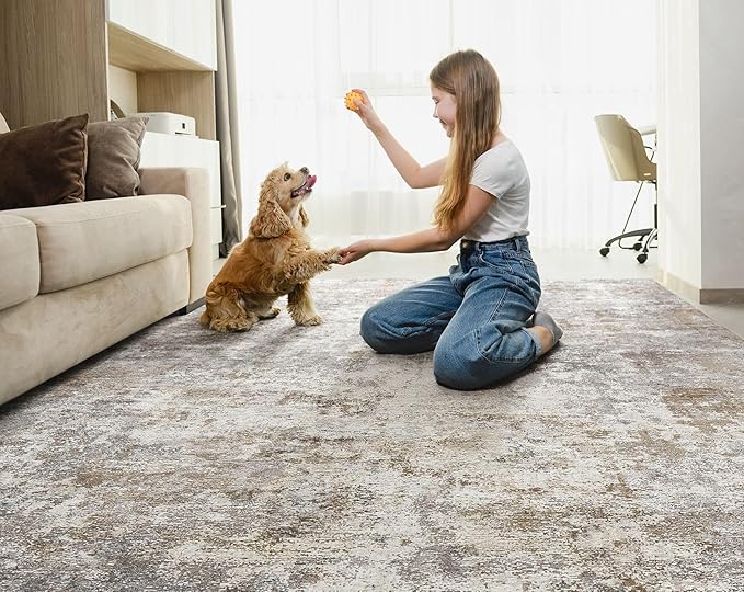 5x7 Area Rug Living Room Rugs - Washable Neutral Modern Abstract Soft Thin Large Rug Indoor Floor No Slip Rug Carpet for Bedroom Under Dining Table Home Office Decor - Brown Grey