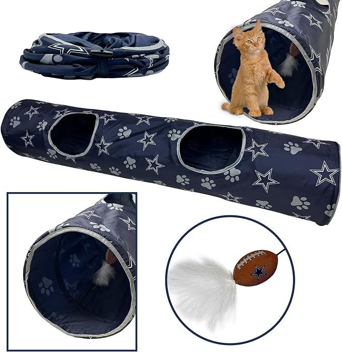 NFL Dallas Cowboys Cat Tunnel Tube Toy with Plush Football Catnip and Feathers Collapsible Tunnel for Cats to Play, Peek and Hide, Sporty & Fun Cat Tunnel Toy with Team Logo All-Over Design!