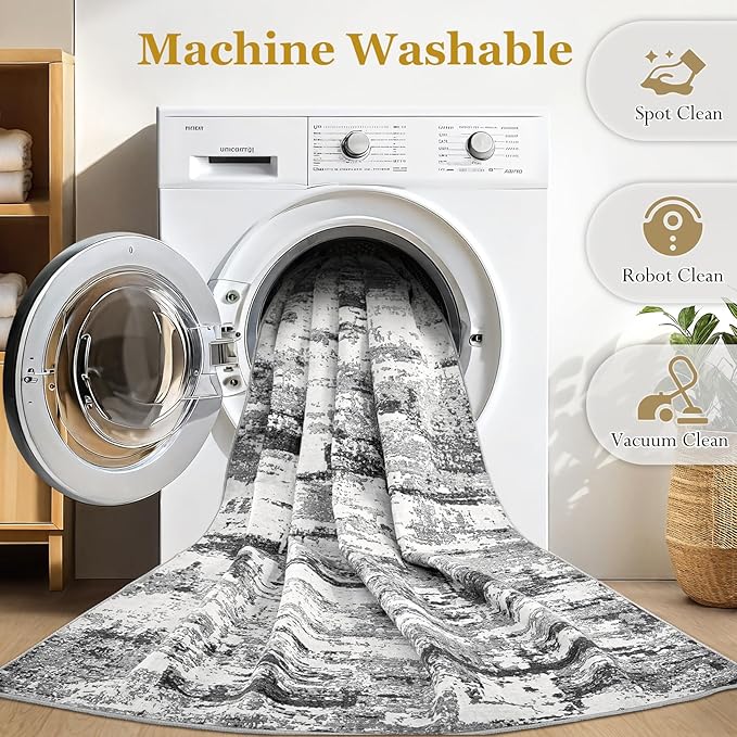 Area Rugs for Living Room: 5x8 Abstract Washable Rug Modern Neutral Large Soft Stain Resistant Non-Slip Backing Machine Table for Bedroom Dining Room Indoor Home Office Carpet - Black Grey
