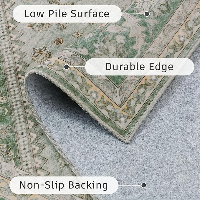 DCX Green 9x12 Area Rug, Machine Washable Non Slip Stain Resistant Vintage Rug for Living Room, Bedroom, Playroom, Soft Low Pile Large Nursery Carpet