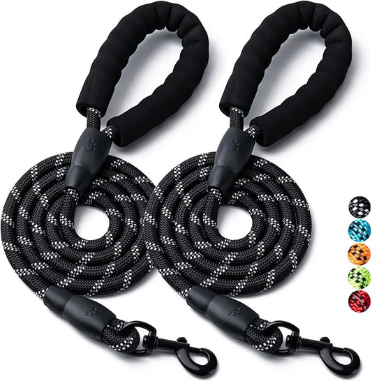 2 Pack Dog Leash, 4/5//6 FT Heavy Duty Nylon Rope Pet Leashes with Comfortable Padded Handle, Reflective Dog Leashes for Small Medium and Large Dogs (5FT-1/2,Black/Black)