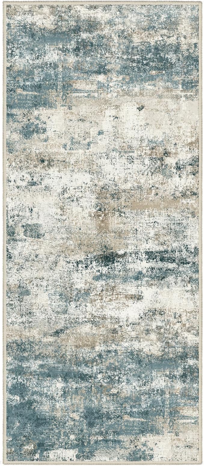 Runner Rug for Hallway Kitchen, 2'6"x8' Machine Washable Runners Rug for Entryway, Soft Modern Abstract Throw Rugs, Low Pile Floor Cover with Non Slip Backing, Navy Beige
