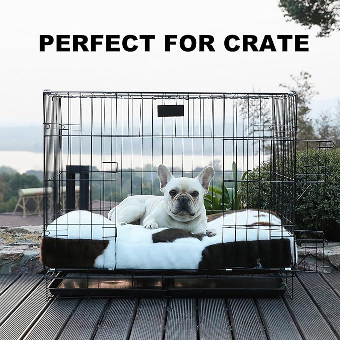 Bedfolks Waterproof Dog Crate Bed,Plush Dog Bed with Removable Washable Cover,Faux Fur Dog Crate Pad for Medium Dogs,Fluffy Dog Kennel Bed 29"x21",Cow Print