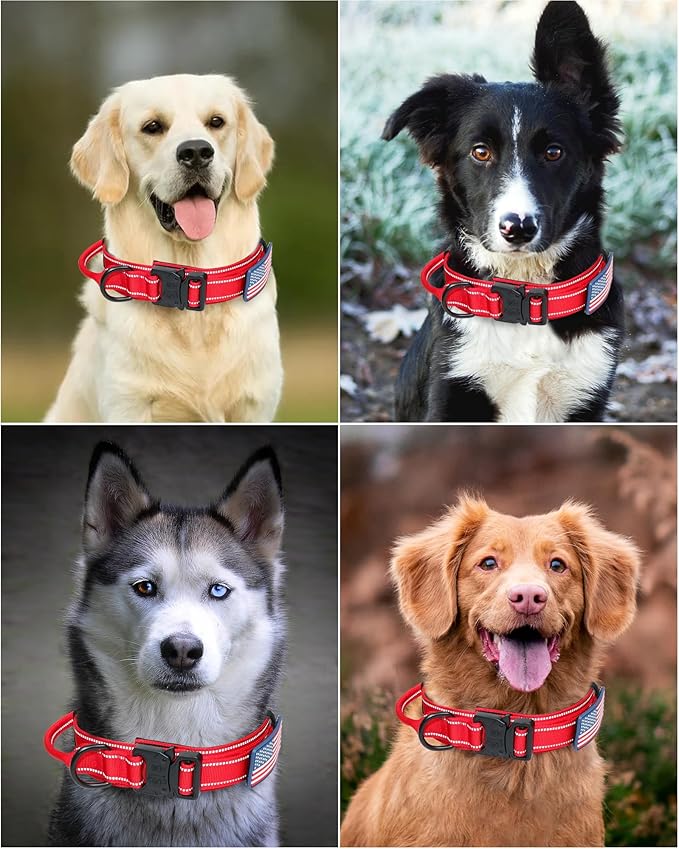 AUBELL Reflective Tactical Dog Collar,Adjustable Military Heavy Duty K9 Collars with Handle and Quick Release Metal Buckle Great for Large Dogs, with Airtag Case and 2 Patches (Red,L)